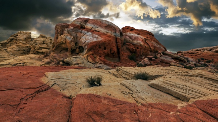 USA, Arizona, nature, landscape, mountains, rocks, valley, plants, Valley of Fire State Park, clouds