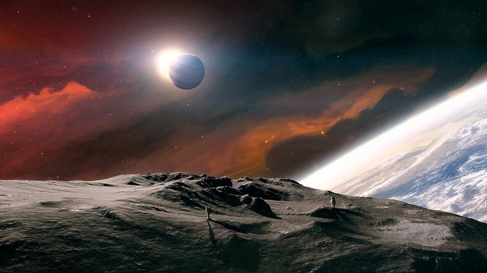 Astronauts on a rocky moon with a planet and nebula