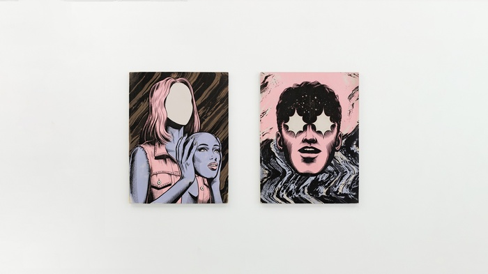 Two surreal illustrations of faces on a white background