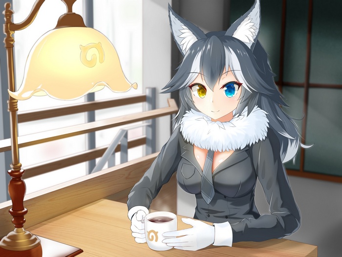 Wolf girl with heterochromia holding a coffee cup