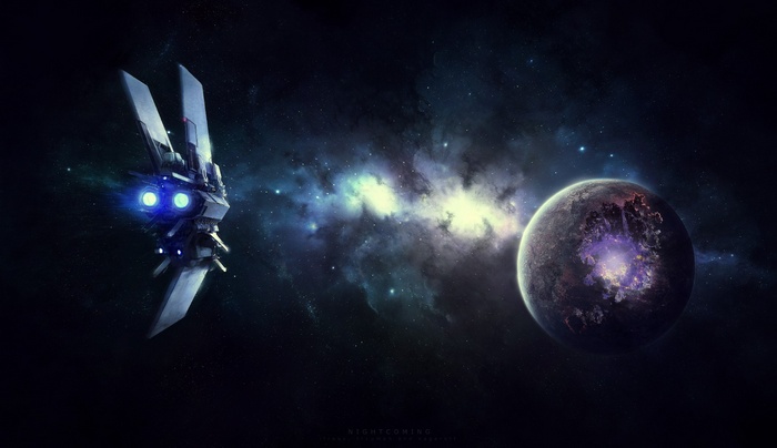 Spaceship approaching a planet with nebula in the background