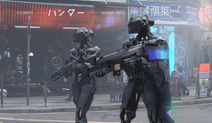 Two cyborgs with rifles in a city street