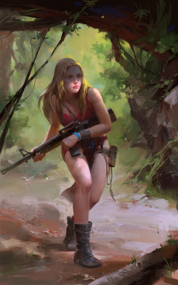 Woman with rifle in a jungle