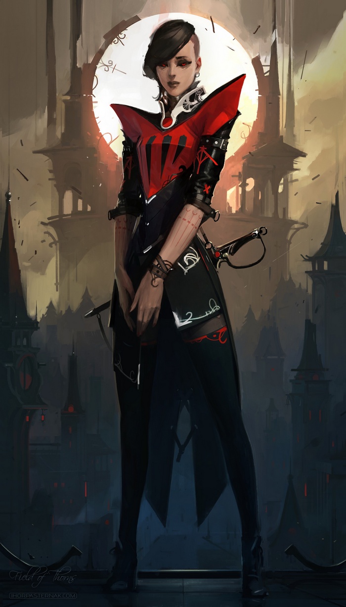 Fantasy warrior woman with sword in gothic city