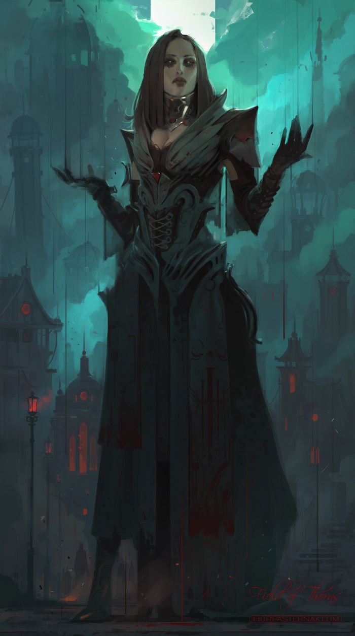 Gothic woman in dark armor in a misty city