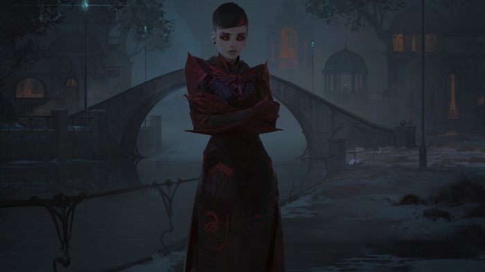 Woman with red eyes and dark clothing in a foggy city
