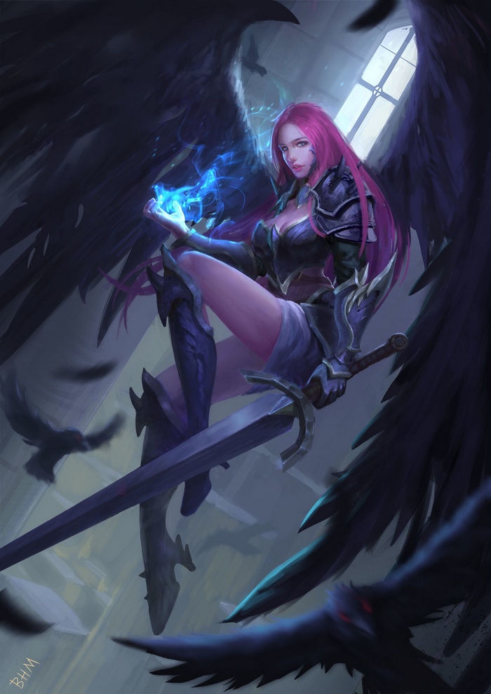 Winged warrior with pink hair conjures magic