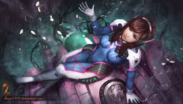 D.Va from Overwatch lying on MEKA parts