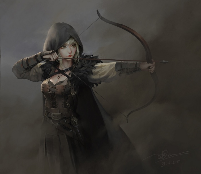 Fantasy female archer aiming a bow and arrow