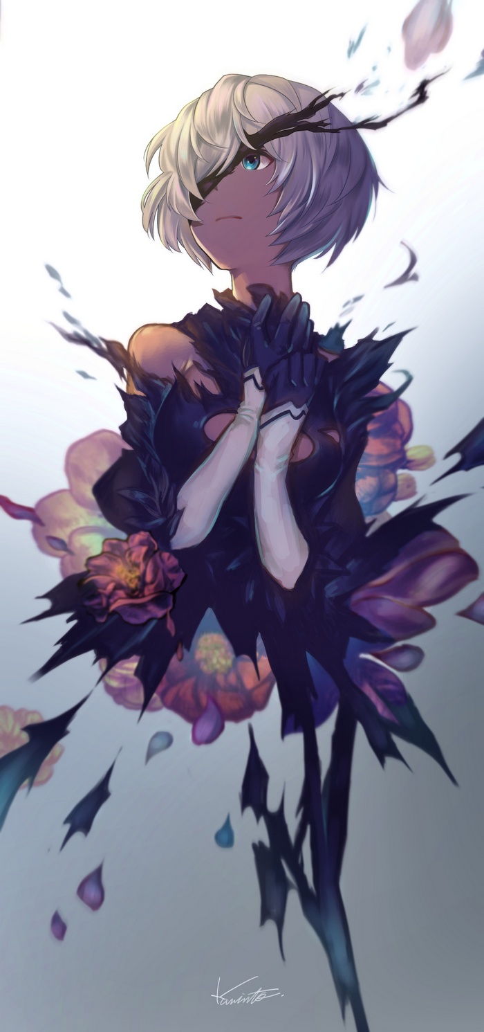 2B from NieR: Automata with torn clothes and flowers