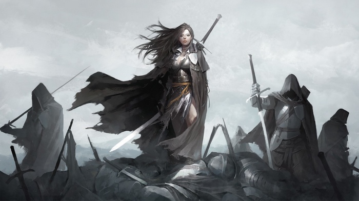 Warrior woman standing over fallen soldiers with swords