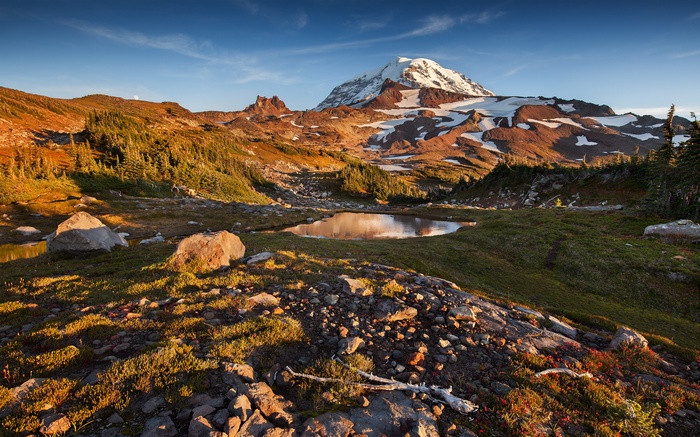 Mountain landscape with a lake and snow-capped peak