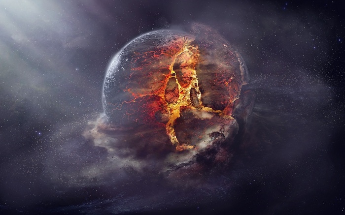 Apocalyptic planet breaking apart in space