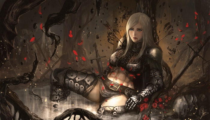 Warrior woman in armor with arrows and swords