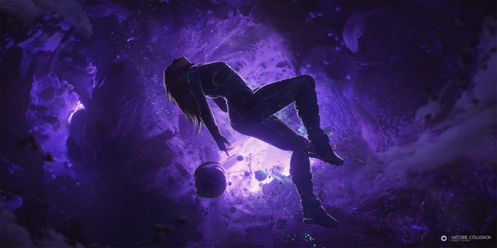 Woman in futuristic suit floating in purple nebula