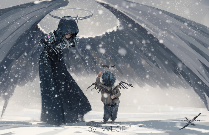 Angel and child in snow by WLOP