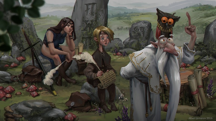 Fantasy characters in a stone circle with an owl