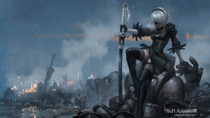 2B from Nier: Automata with sword in rain