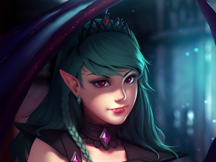 Anime vampire girl with green hair and red eyes
