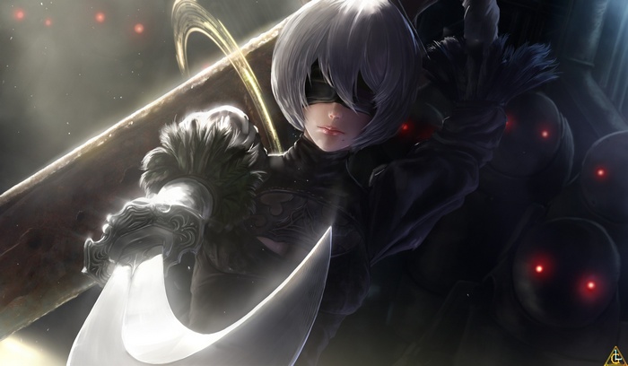 2B from Nier: Automata with sword and enemies
