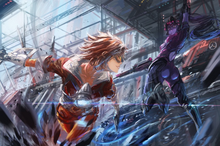 Tracer and Widowmaker from Overwatch in battle