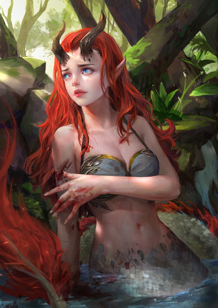 Redhead siren with horns in a forest stream