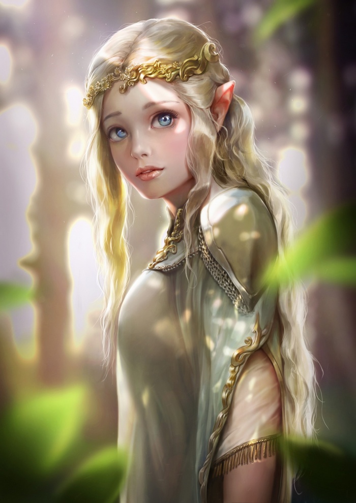 Fantasy art of a blonde elf woman with a golden crown