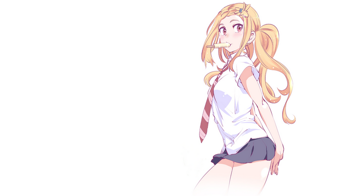 Anime girl with blonde hair in school uniform eating popsicle