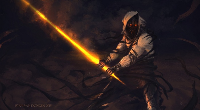 Warrior with glowing sword and orange eyes