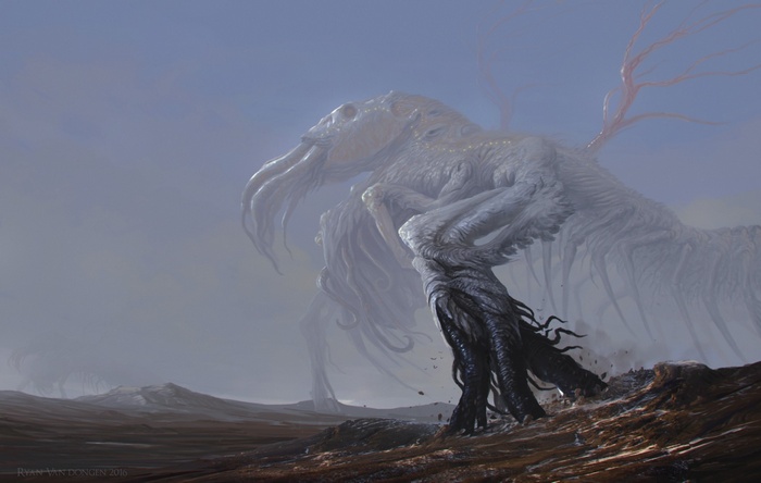 fantasy art, DeviantArt, creature, giant, dark fantasy, tentacles, desert, digital art