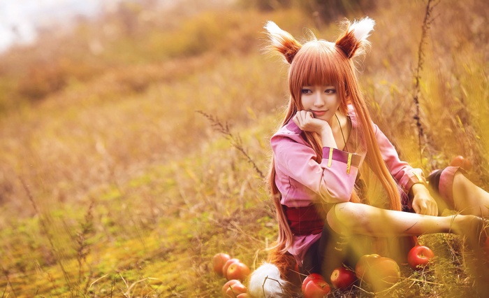 field, cosplay, asian cosplayer, Asian, Holo (Wolf and Spice), wheat, redhead, women, apples