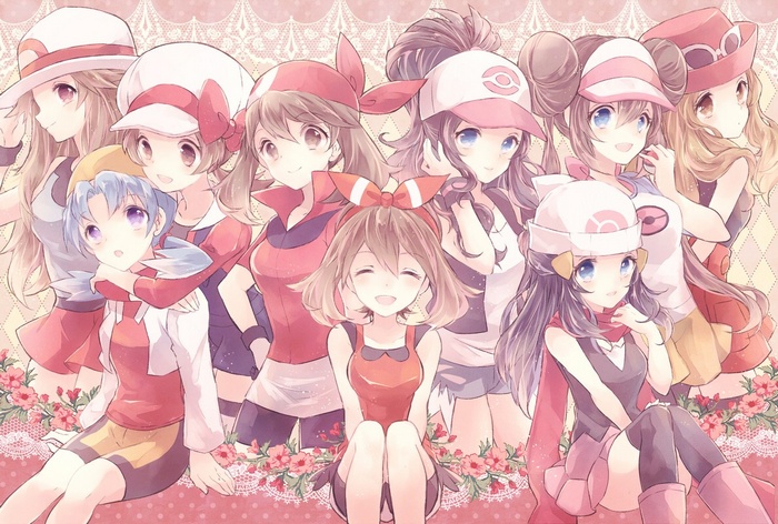Serena(Pokémon), Leaf(Pokémon), Kris(Pokémon), Rosa (Pokémon), Hikari (pokemon), Touko(Pokémon), Haruka(Pokémon), thigh-highs, Kotone(Pokémon), anime girls, Pokémon, Mei(Pokémon)