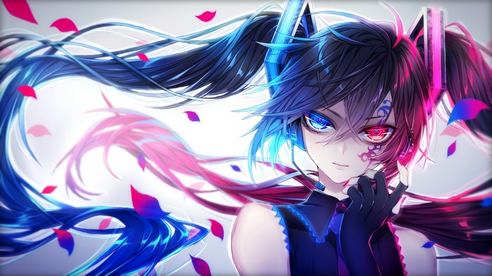 twintails, white background, cherry blossom, Hatsune Miku, tattoo, headphones, blue eyes, red eyes, Vocaloid, heterochromia