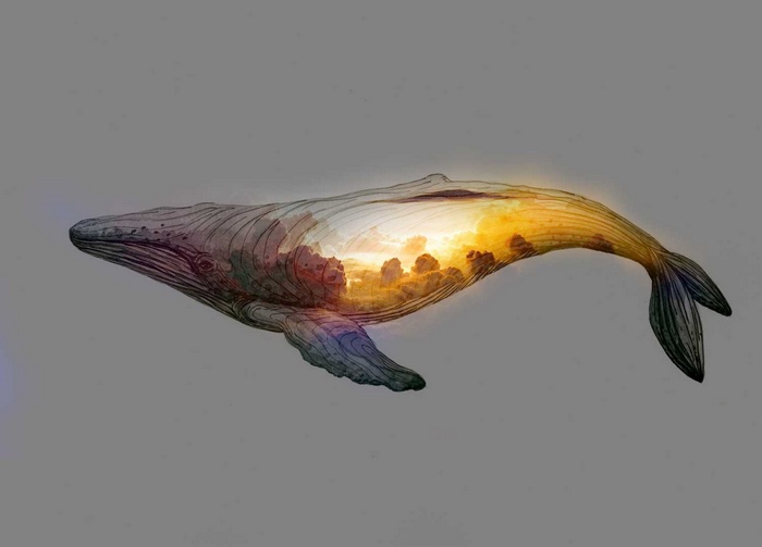 Watercolor whale with sunset clouds inside