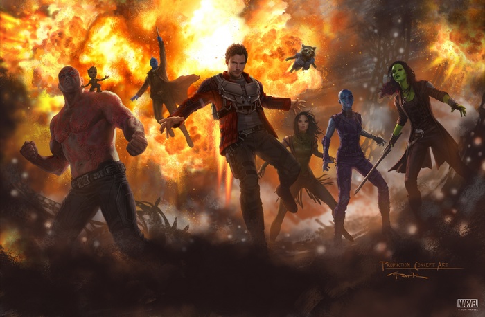 Guardians of the Galaxy characters in front of an explosion