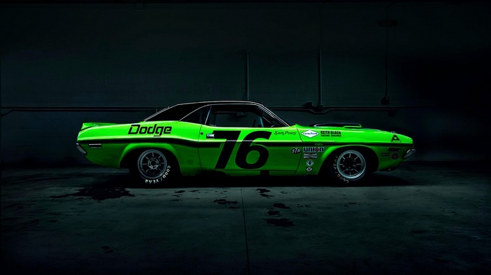 Green Dodge Challenger race car with number 76