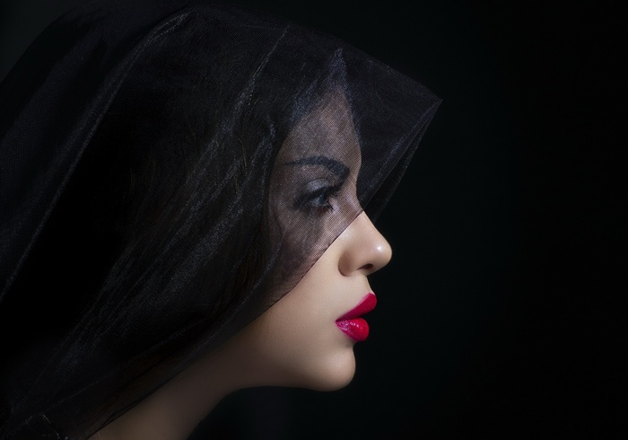 Woman in black veil with red lipstick
