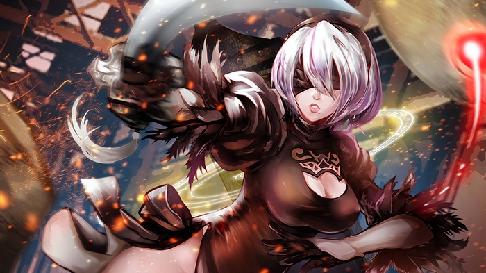 headband, Nier: Automata, short hair, fighting, white hair, 2B, katana, sword, human android, NieR, cleavage, weapon, black dress, gloves, video games, blindfold, 2B (Nier: Automata)
