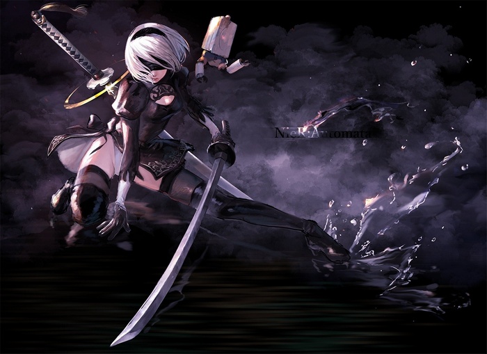 sword, headband, short hair, blindfold, panties, gloves, NieR, spread legs, katana, underwear, 2B (Nier: Automata), white hair, thigh-highs, black dress, Nier: Automata