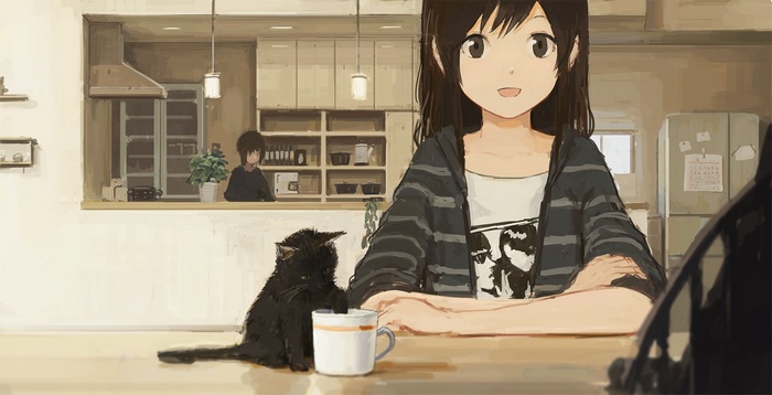 Anime girl with black cat in kitchen