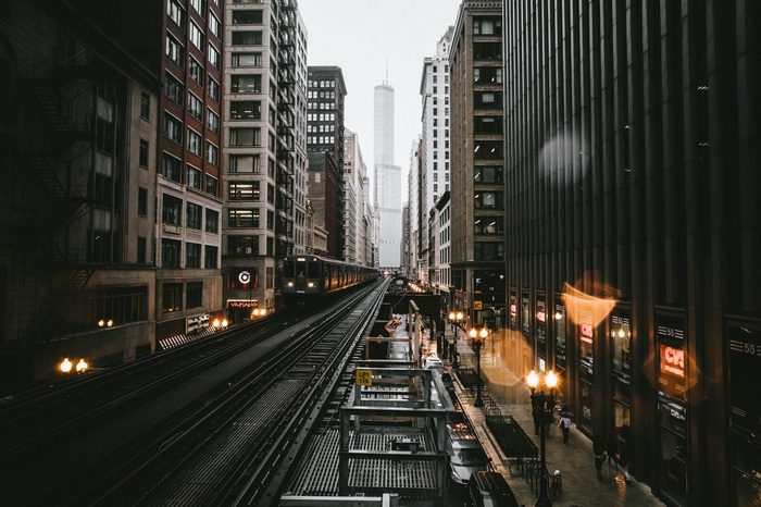 Elevated train in Chicago on a rainy evening