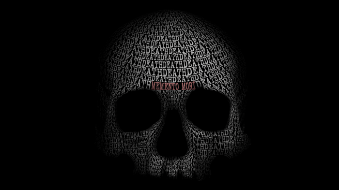 Skull made of the word DEATH and MEMENTO MORI