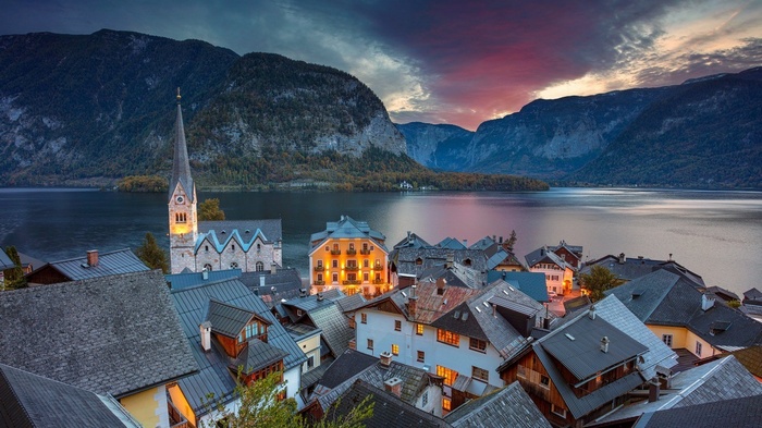 Hallstatt, Austria: Church, Rooftops, Lake, and Mountains at Dusk