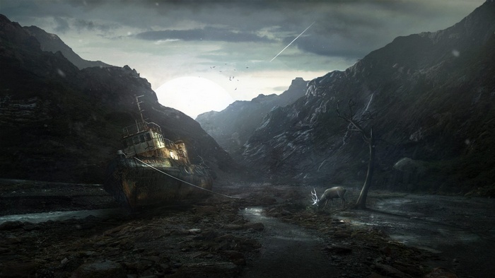 Abandoned tugboat in a mountain valley with a deer
