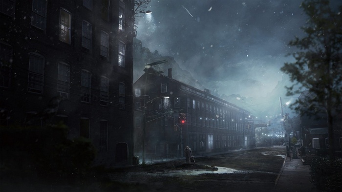 Dark industrial cityscape with a lone figure