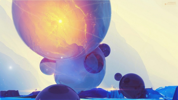 Abstract spheres with glowing core and celestial background