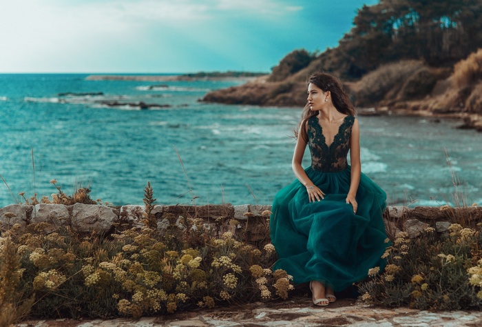 women outdoors, no bra, see-through clothing, coast, lace, Adrian Stoica, dress, sea, women, brunette, waves, flowers
