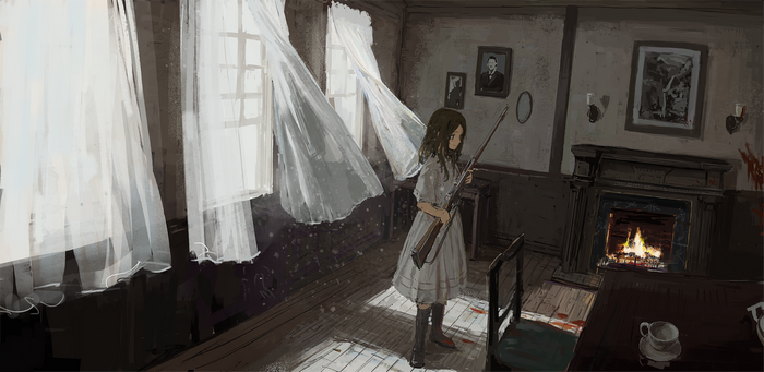 Anime girl with rifle in a room with fireplace
