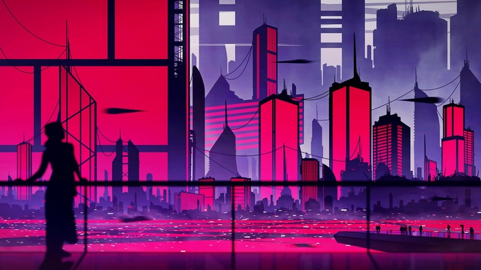 Futuristic cityscape at sunset with a silhouette of a woman