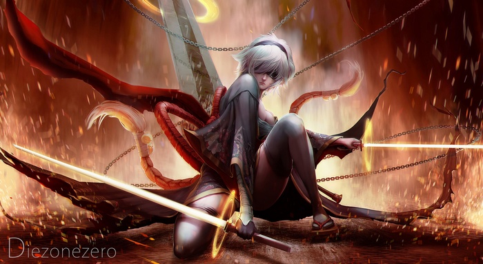 2B from Nier: Automata with swords and chains